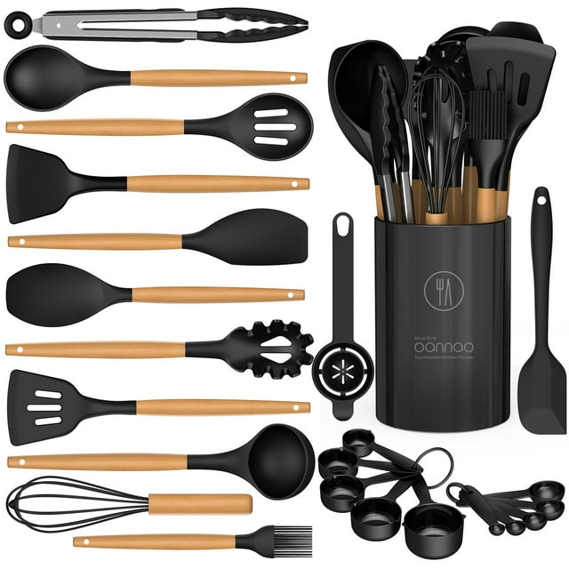 Kitchen Utensils for Cooking Wooden Handles, 446°F Heat Resistant Kitchen Utensil Spatula Sets w Holder, Gadgets for Non-Stick Cookware