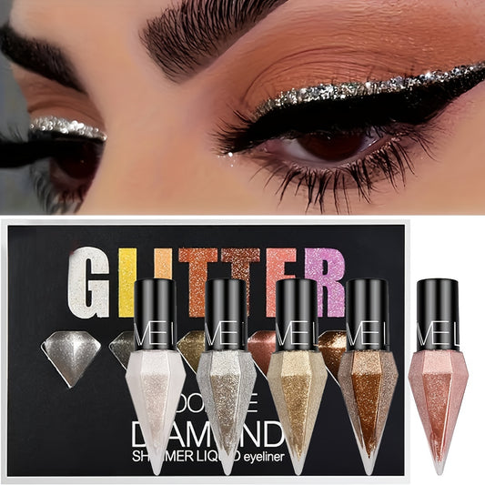 5-Piece Pearl & Diamond Liquid Eyeliner Set – Sparkling Eyeshadow Cream with Sequins, Ultra-Fine Brush, and Shimmer Highlighter