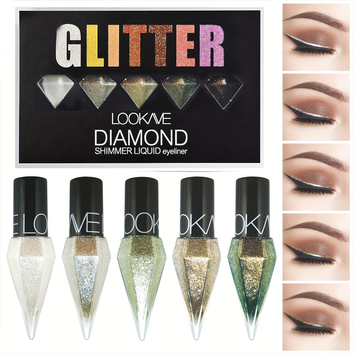 5-Piece Pearl & Diamond Liquid Eyeliner Set – Sparkling Eyeshadow Cream with Sequins, Ultra-Fine Brush, and Shimmer Highlighter
