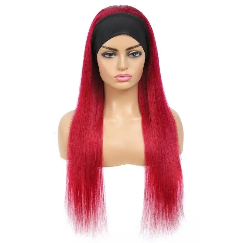 Burgundy Headband Straight Human Hair Wig #99J  Scarf Wig No GLUE Easy