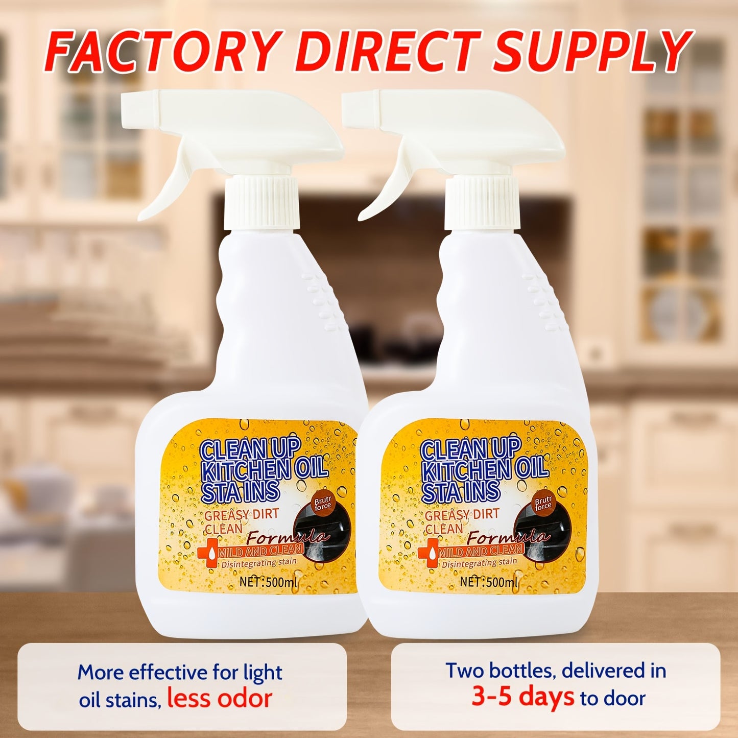 Kitchen Heavy-Duty Oil Stain Remover 500ml Deep Cleaning Spray with Lemon Scent No-Residue Formula for Stoves, Ovens, Utensils & Appliances