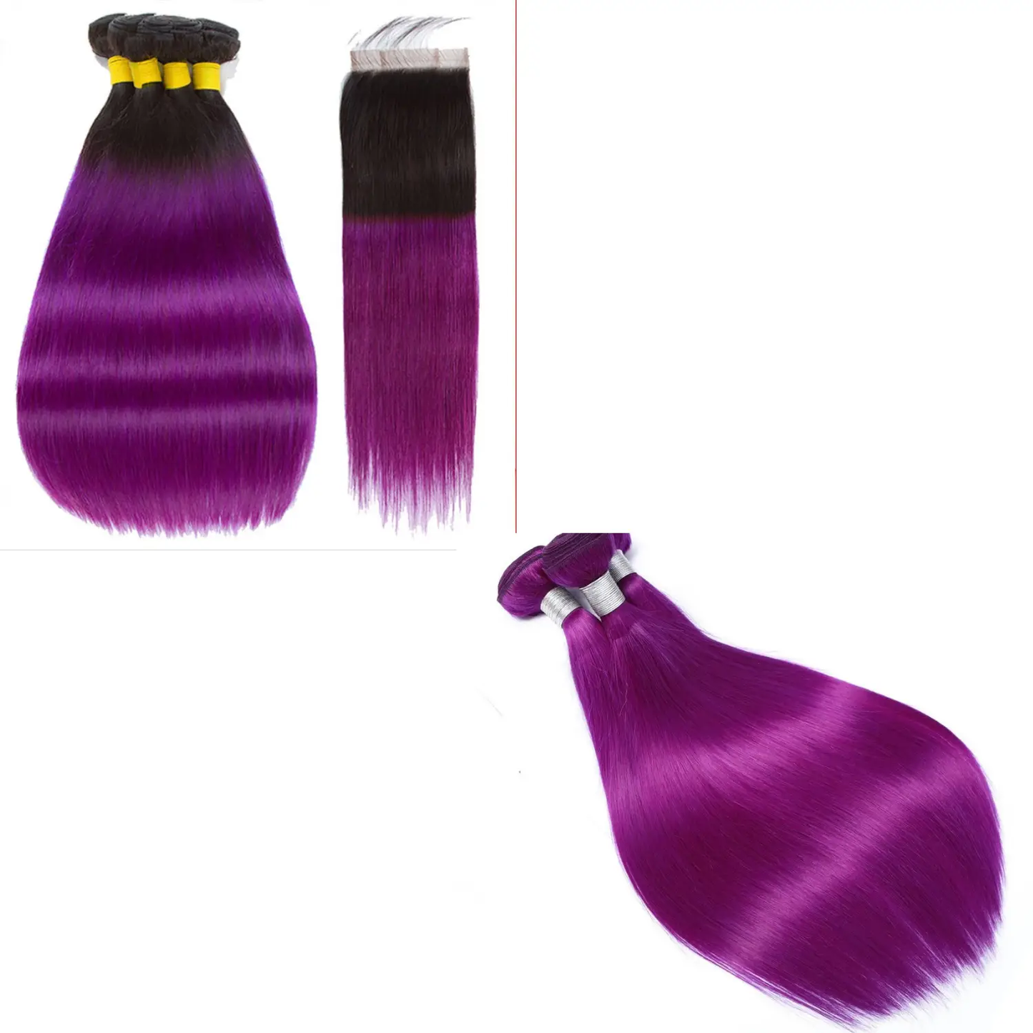 Purple 10A Grade Silver #1B/ purple  3/4 Straight BUNDLES with CLOSURE