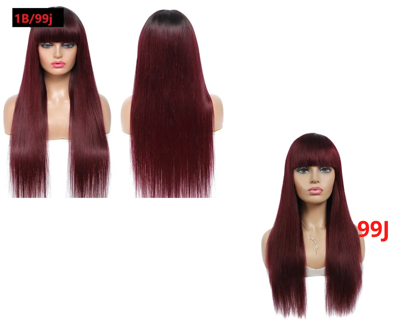 #1B/99J Brazilian Straight Human Hair Wigs with Bangs #99J No Glue Wig