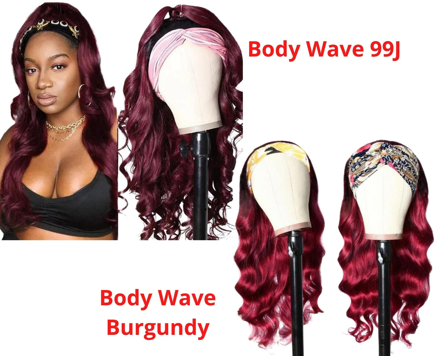 Burgundy Headband Body Wave Human Hair Wig #99J  Scarf Wig No GLUE Eas