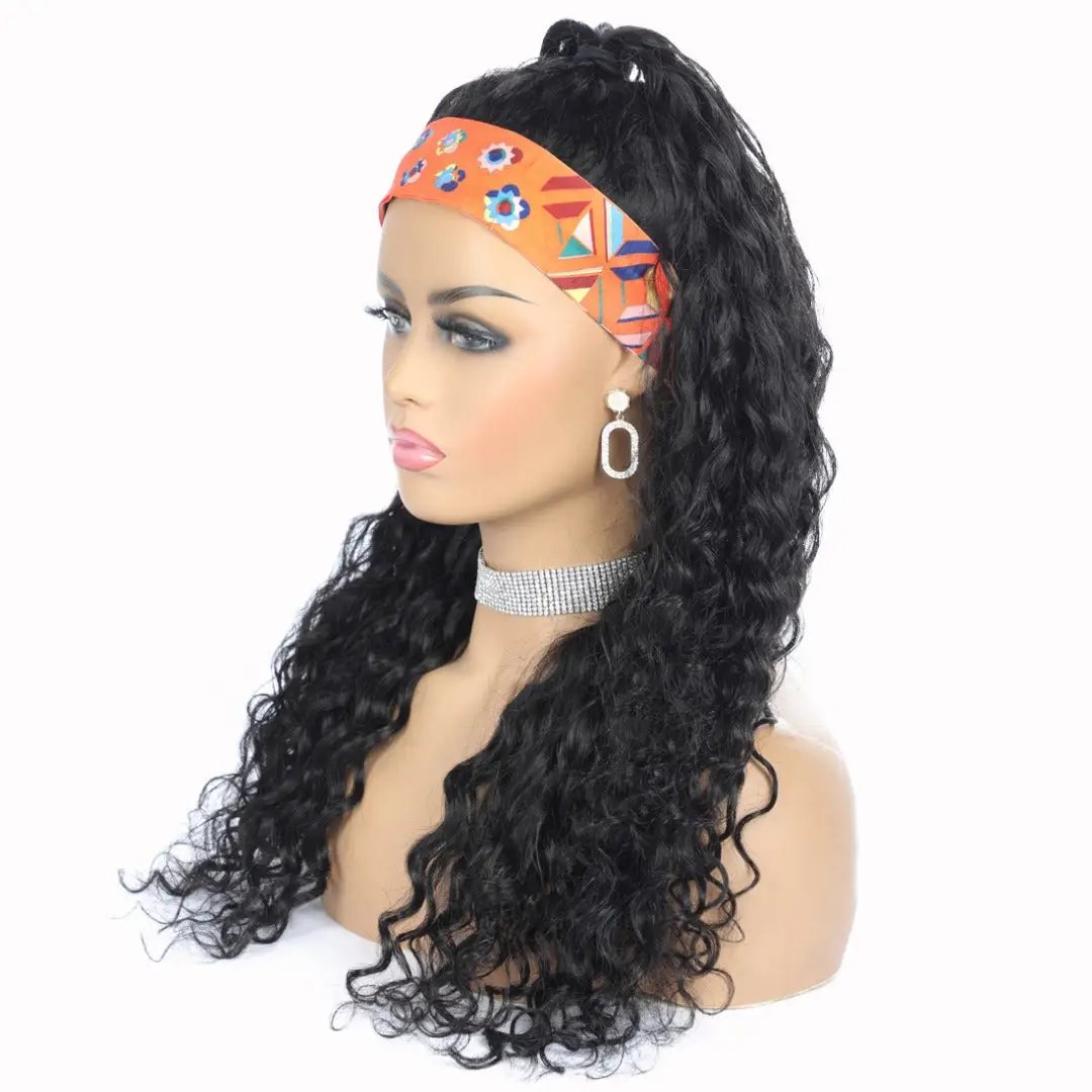 Headband Wig Water Wave Human Hair Scarf Wig No GLUE Easy Wear