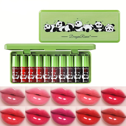 10-Piece Mini Lip Gloss Set – Green Lipstick Gift Box with Nourishing, Long-Lasting, Moisturizing Lip Colors, Glosses & Stains – Mirror-Like Finish