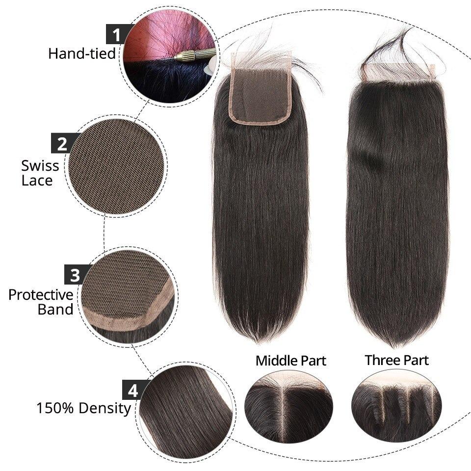 10A Grade Straight 4x4 Brazilian  5x5 Lace 6x6 Closure Remy Human Hair