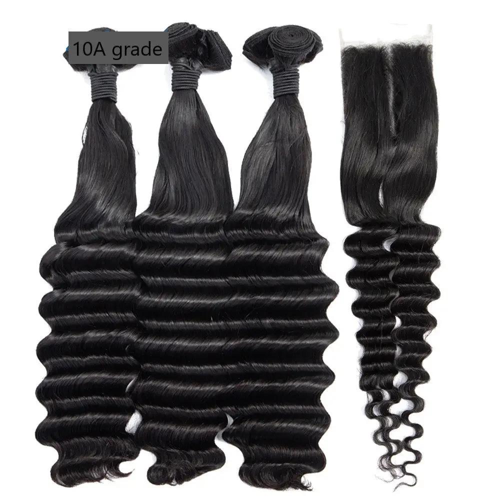 Brazilian 3/4 Fancy Deep Wavy Fumi Human Hair bundles with 4x4 Closure