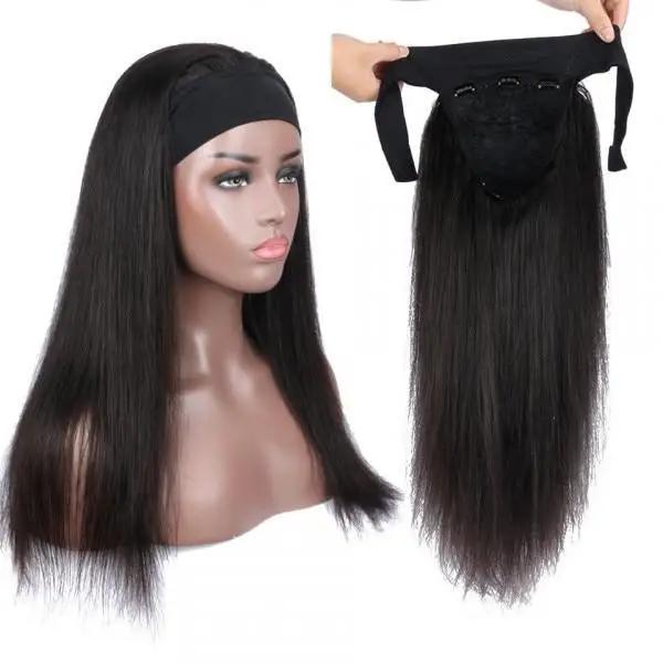 Headband Wig Straight Human Hair Scarf Wig No GLUE Easy Wear for Women
