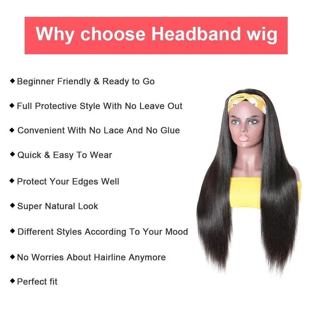Headband Wig Straight Human Hair Scarf Wig No GLUE Easy Wear for Women
