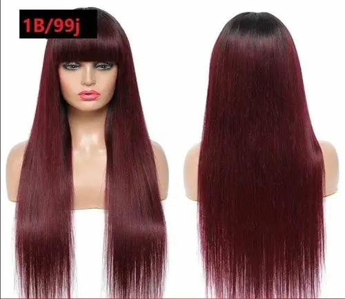 #1B/99J Brazilian Straight Human Hair Wigs with Bangs #99J No Glue Wig