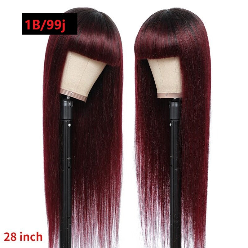 26inch #1B/99J Brazilian Straight Human Hair Wigs with Bangs 180% Density