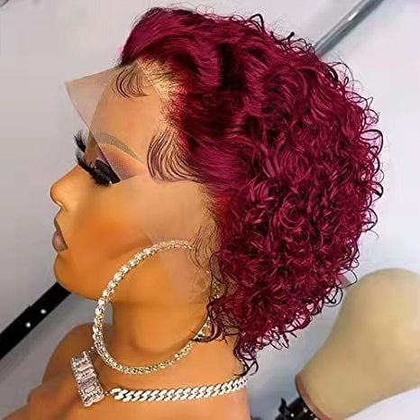 Ombre Short Pixie Cut 13x4x1 T Lace Front Curly Human Hair Wigs 8 Inches