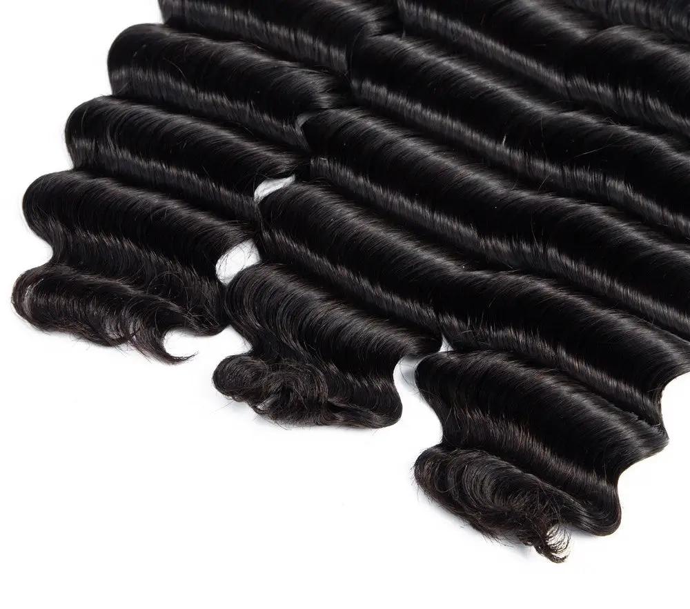 Brazilian 3/4 Fancy Deep Wavy Fumi Human Hair bundles with 4x4 Closures & 13x4 Frontals