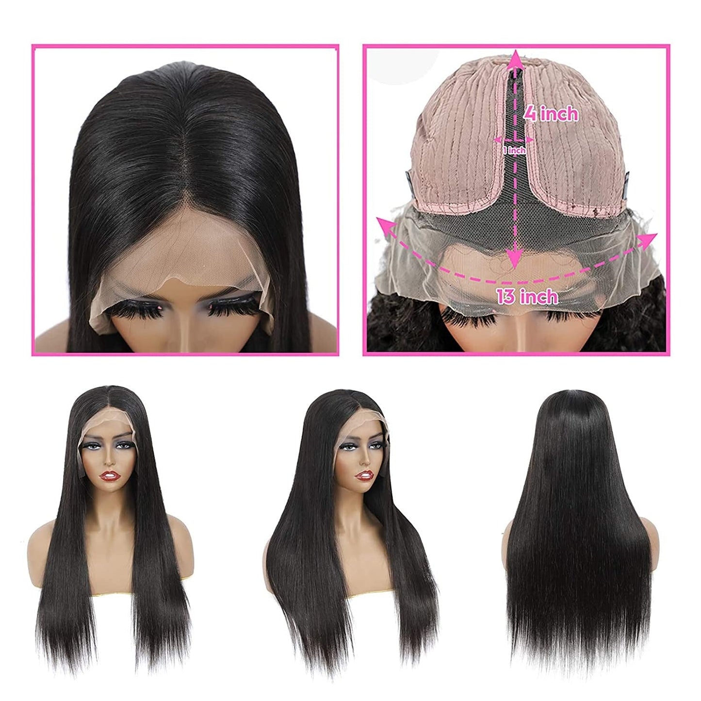 Transparent 13x1x6 Straight 13x4x1 T part Lace Frontal Human Hair Wigs 180% Density