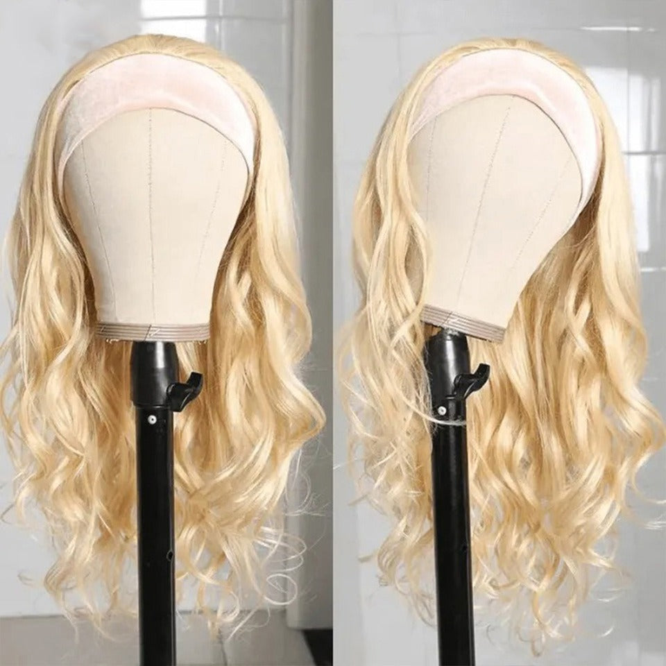 Body Wave #1B/613 Headband Human Hair Wigs For Black Women Blonde Scarf Wig